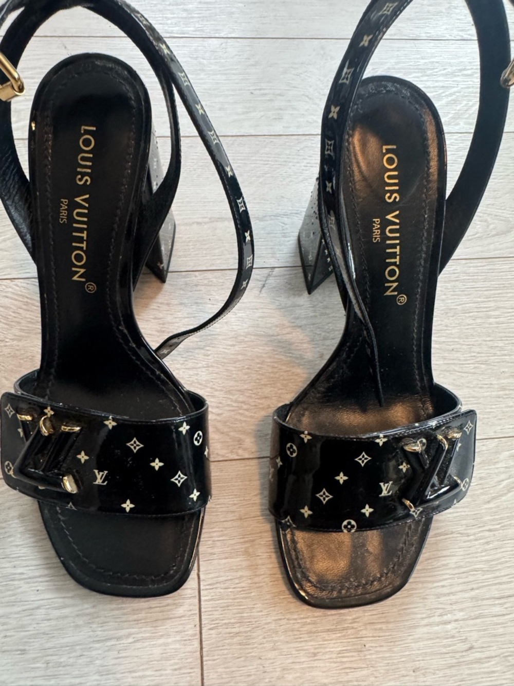 Louis Vuitton Black Patent Monogram Block Heel Slingbacks